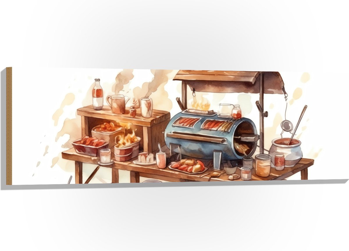 Hout - Tekening van Barbecue - 120x40 cm - 9 mm dik - Foto op Hout (Met Ophangsysteem)