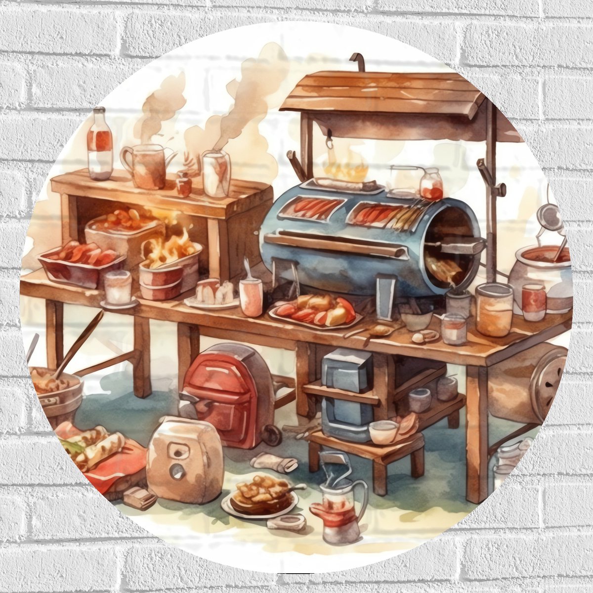 Muursticker Cirkel - Tekening van Barbecue - 80x80 cm Foto op Muursticker