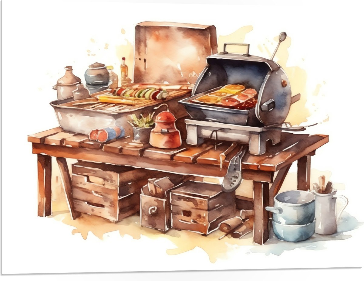 PVC Schuimplaat- Waterverf Tekening met Barbecue en Eten - 80x60 cm Foto op PVC Schuimplaa