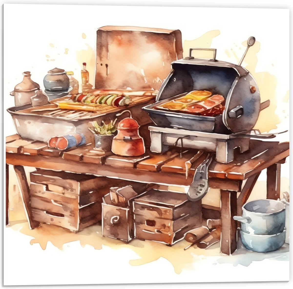 PVC Schuimplaat - Waterverf Tekening met Barbecue en Eten - 50x50 cm Foto op PVC Schuimpla