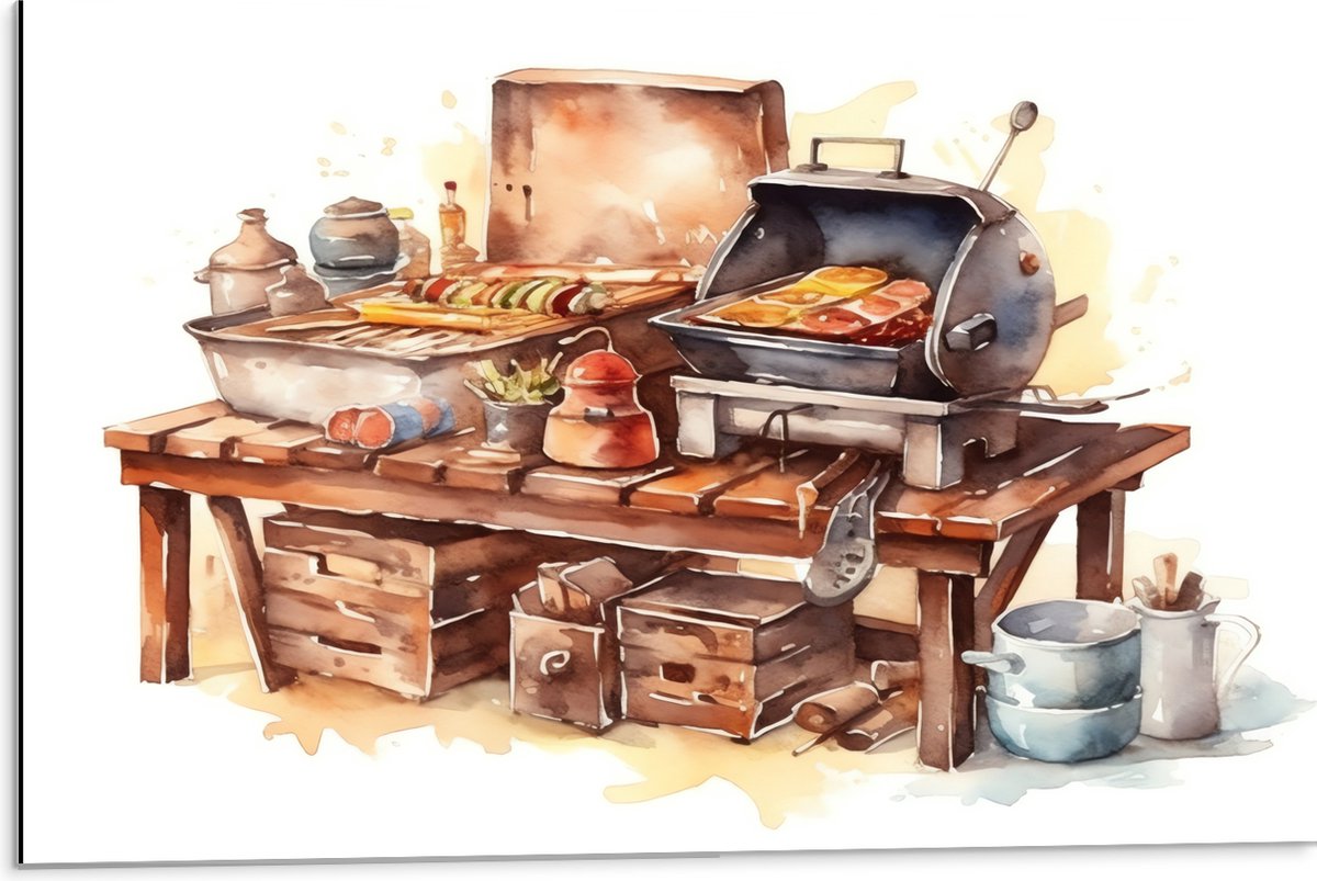 Dibond - Waterverf Tekening met Barbecue en Eten - 75x50 cm Foto op Aluminium (Met Ophangs