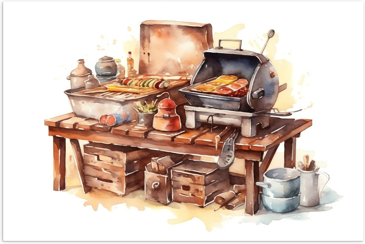 Poster Glanzend – Waterverf Tekening met Barbecue en Eten - 120x80 cm Foto op Posterpapier