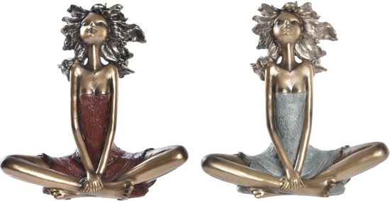 Decoratieve figuren DKD Home Decor Vrouw Rood Gouden Turkoois Hars Modern (24 x 11 x 27 cm) (2 Stuks)