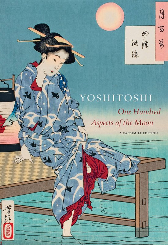 Boekomslag met een Japanse prent van een vrouw in een blauwe kimono met vogels en een maan.