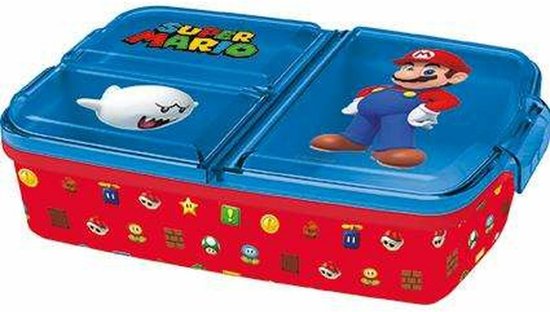 Rode broodtrommel met blauwe deksels. De deksels tonen Super Mario en Boo. De zijkanten zijn rood en versierd met Super Mario game-elementen.