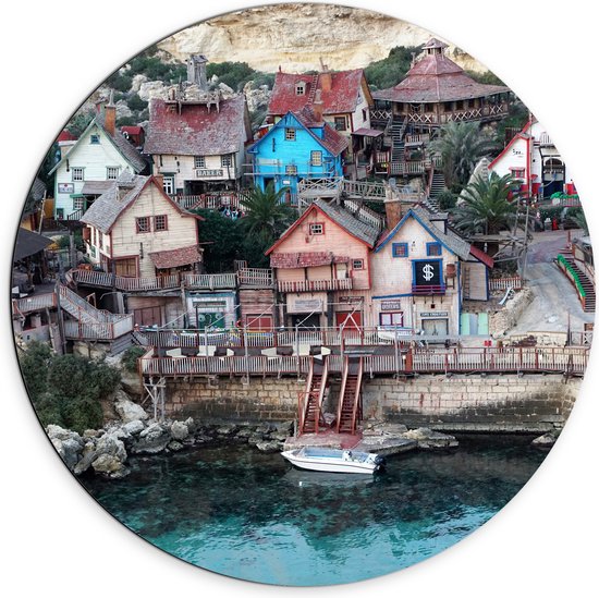 Dibond Muurcirkel - Kleine Baai met Kleurrijke Huisjes - 70x70 cm Foto op Aluminium Muurcirkel (met ophangsysteem)