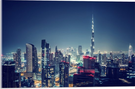 Acrylglas - Dubai in de Nacht met Burj Khalifa - 60x40 cm Foto op Acrylglas (Wanddecoratie op Acrylaat)