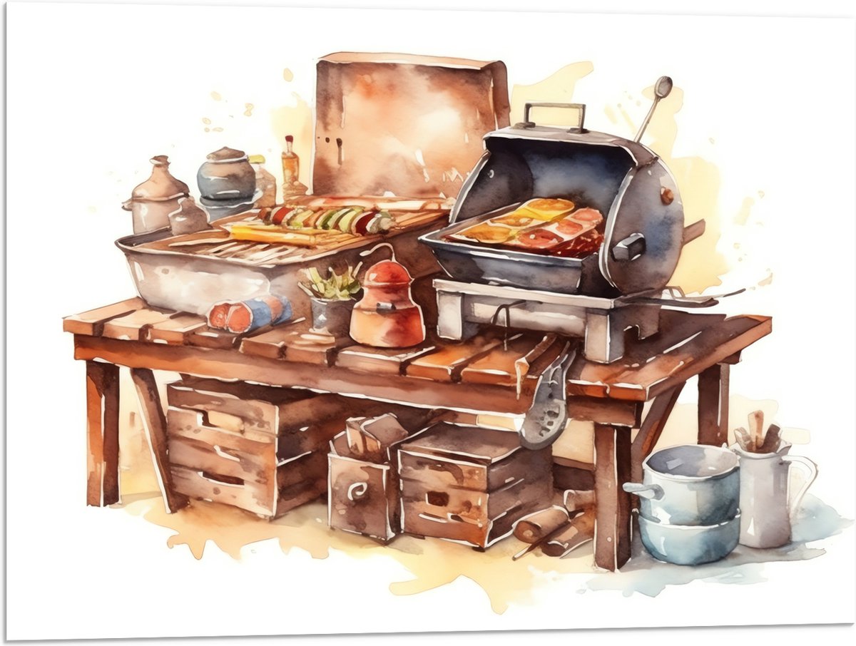 Acrylglas - Waterverf Tekening met Barbecue en Eten - 80x60 cm Foto op Acrylglas (Wanddeco