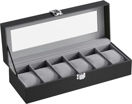 Horlogedoos voor 6 horloges, horlogekast met glazen deksel, horlogekussen van fluweel, horlogekoffer met slot, 11,2 x 30 x 8 cm, cadeau-idee, PU-bekleding in zwart, fluwelen voering in grijs