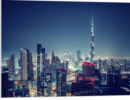 PVC Schuimplaat - Dubai in de Nacht met Burj Khalifa - 80x60 cm Foto op PVC Schuimplaat (Met Ophangsysteem)