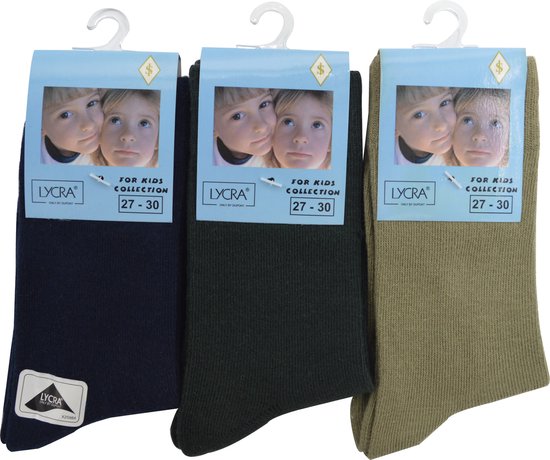 Jongens sokken - katoen 6 paar - plain - maat 31/34 - assortiment beige/marine/groen - naadloos