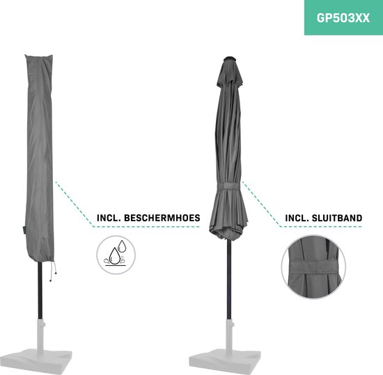 Grijze parasolhoes met trekkoord en gespen, staand op een voeten en naast een gesloten grijze parasol met sluitband.