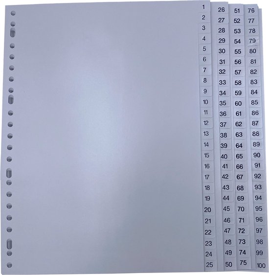 DULA Tabbladen plastic 1 tot 100 - Genummerd - A4 - Grijs - 23 gaten - PP - DULA
