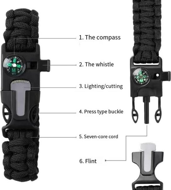Bracelet Paracord Tactique à Boucle en Plastique Multifonctionnel pour Homme, avec Boussole, Allume-Feu, 5 en 1, Extérieur