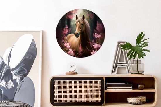 WallCircle® Wandcirkel 60x60 cm - Muurcirkel Paard - Bloemen - Roze - Natuur - Bos - Muurdecoratie woonkamer - Wanddecoratie slaapkamer - Kamer decoratie accessoires - Ronde schilderijen