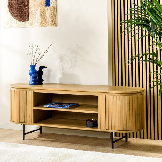 Meuble TV suspendu 150 cm style industriel en acacia massif naturel