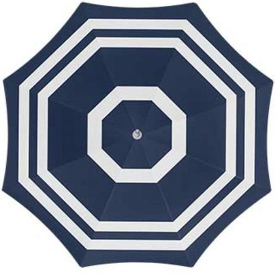 Parasol met navyblauwe en witte strepen, achthoekig ontwerp.