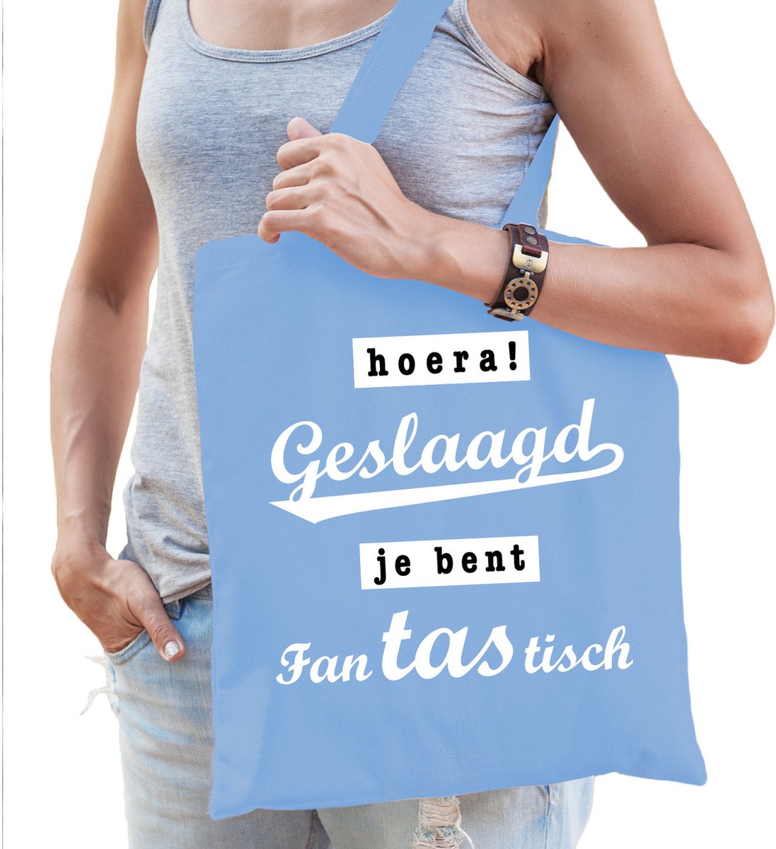 Bellatio Decorations Cadeau tas geslaagd/afgestudeerd - lichtblauw - katoen - 42 x 38 cm