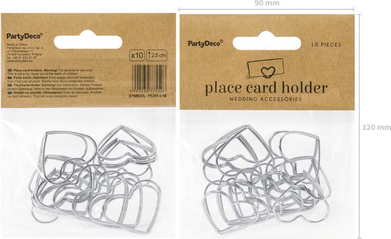 PartyDeco Porte-cartes / marque-places Coeur - Mariage - 100x pièces - argent - 2,5 cm