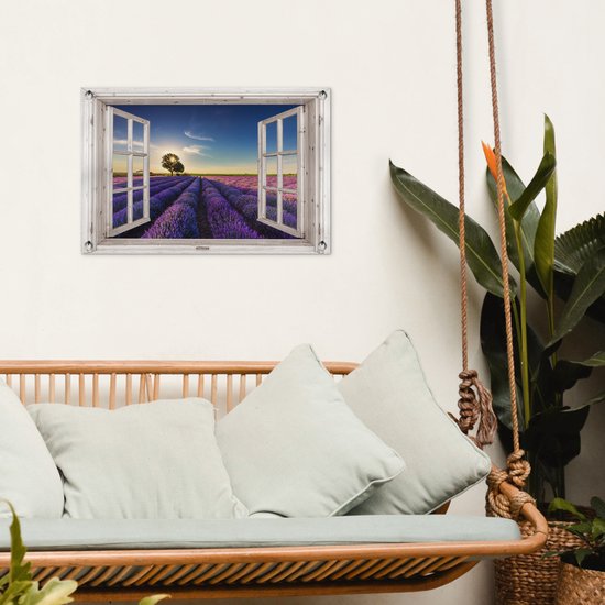 Poster de jardin Look-through - Lavande - Arbre - Fenêtre - Coucher de soleil - 60x40 cm