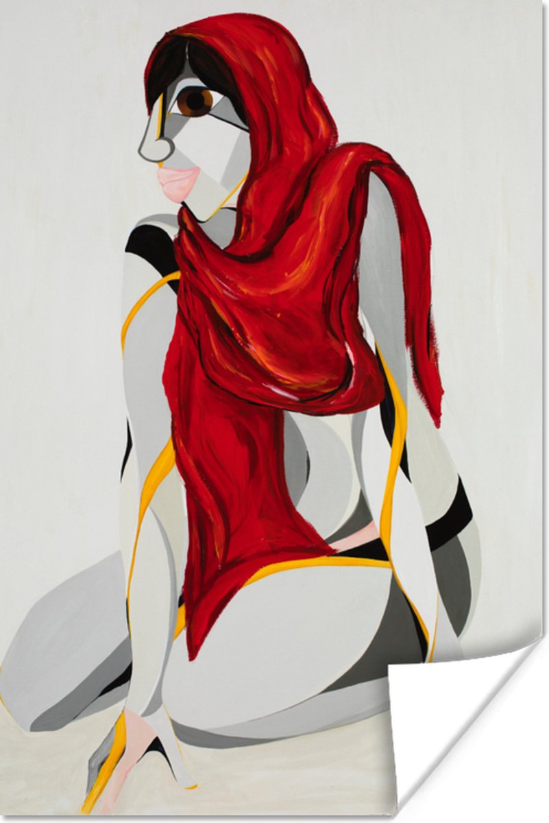 Poster Vrouw - Hoofddoek - rood - Abstract - 40x60 cm