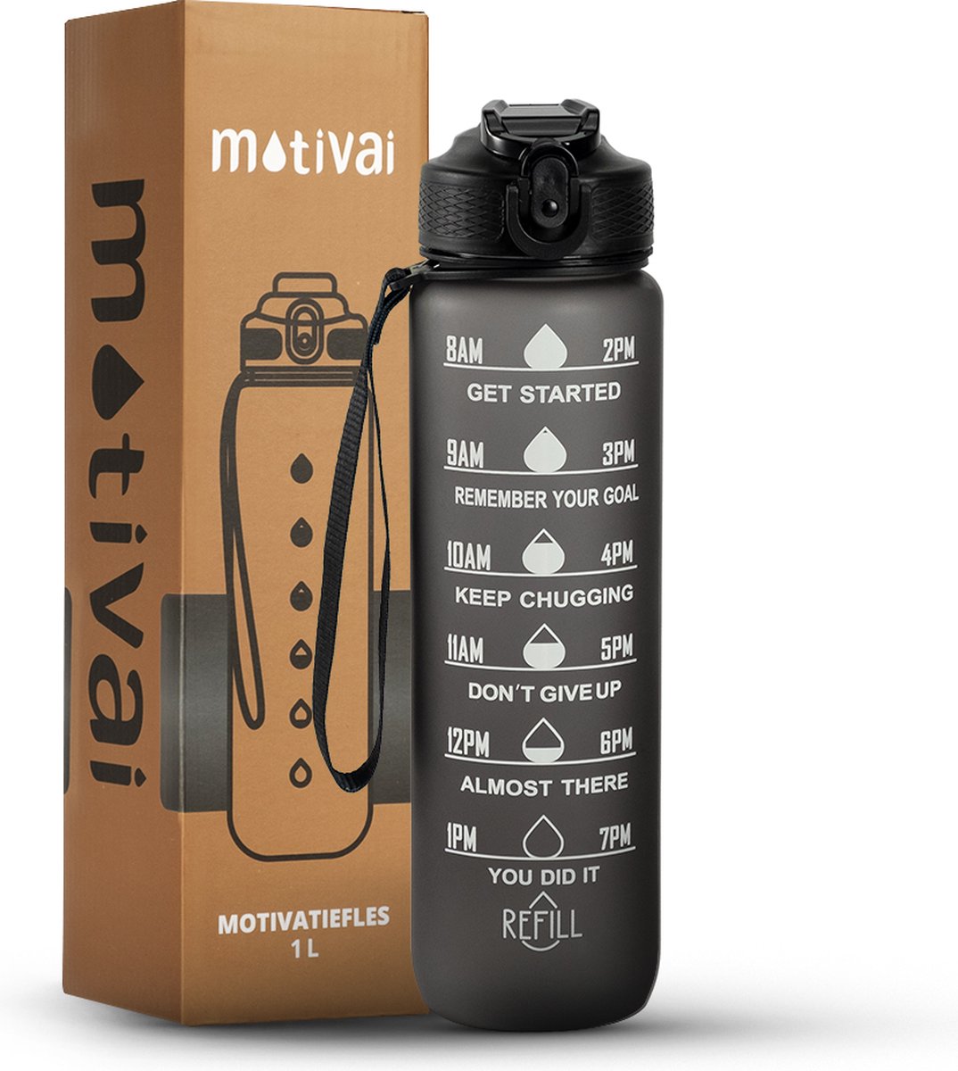 Motivatie Waterfles - Motivai® - Zwart - Met Gratis Extra Afsluitklepje - 1 Liter Drinkfles - Waterfles met Rietje - Waterfles met tijdmarkering - BPA Vrij - Volwassenen - Kinderen