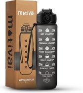 Bouteille d'eau Motivation - MOTIVAI - Zwart - Avec couvercle de fermeture Extra gratuit - Gourde de 1 litre - Bouteille d'eau avec paille - Bouteille d'eau avec marquage de l'heure - Sans BPA - Adultes - Enfants