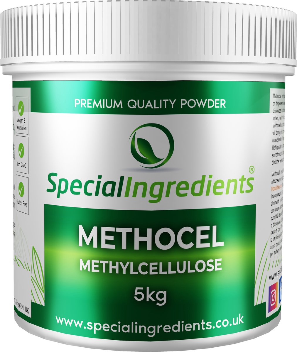 Methocel - 5 kg - Methylcellulose - Methyl Cellulose - Hydrocolloïd - Warmtegevoelig Gelvorming - Vegan Bindmiddel - Innovatieve Textuur - Moderne Gastronomie - Moleculair Koken - Hersluitbare Pot - Recycled Plastic