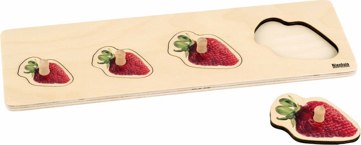 Nienhuis Montessori Kinderpuzzel Aardbei - Puzzel kinderen - Houten puzzel - Houten speelgoed - Educatief speelgoed - Montessori speelgoed - 4 stukjes - Vanaf 2 jaar