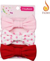 Fiory Baby Haarbandjes met strik | Strikken baby| Diadeem Baby| Haarband| Baby Haaraccesoires | set van 3 stuks| Rood/roze