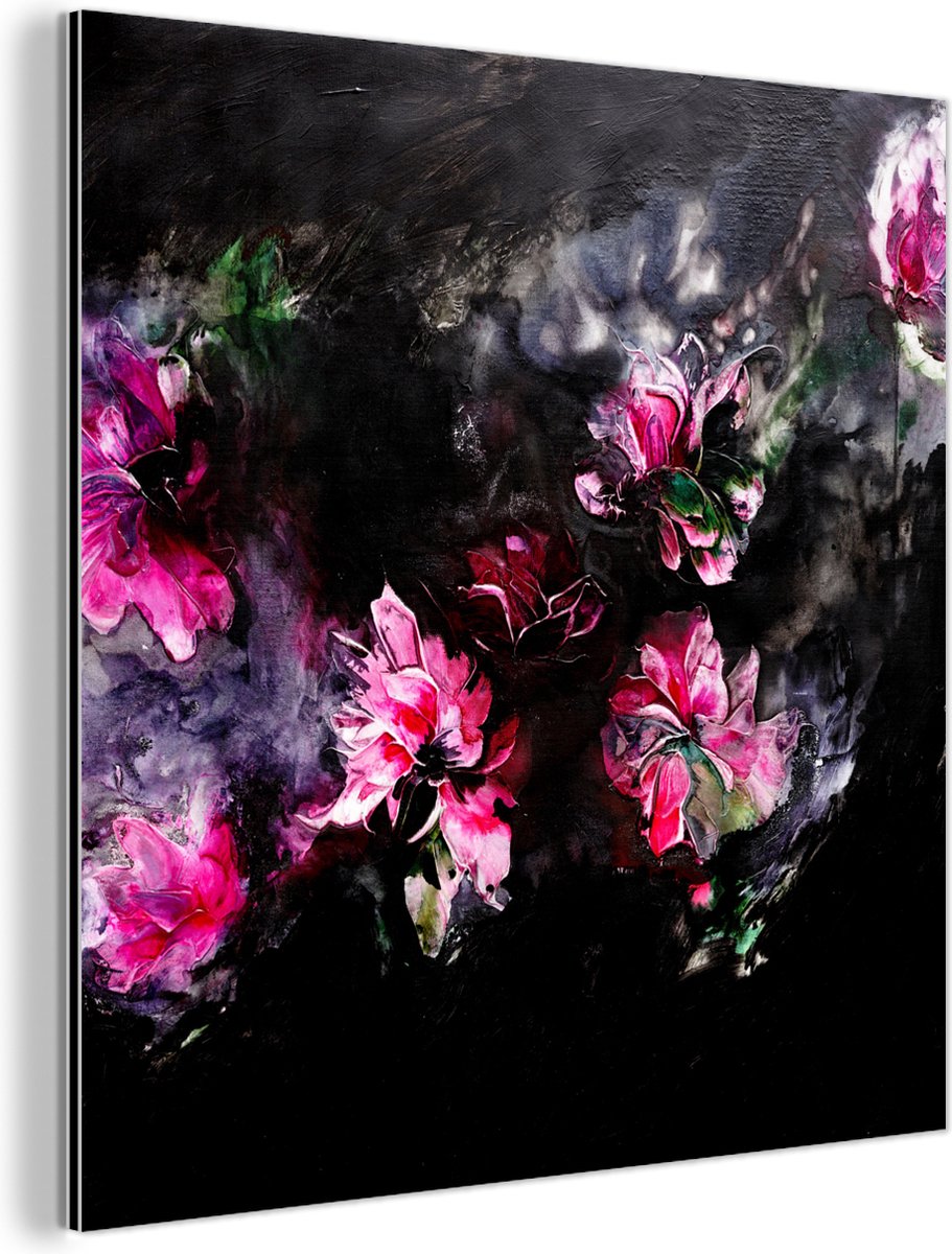 Wanddecoratie Metaal - Aluminium Schilderij Industrieel - Bloemen - Kunst - Verf - Roze - Zwart - 50x50 cm - Dibond - Foto op aluminium - Industriële muurdecoratie - Voor de woonkamer/slaapkamer