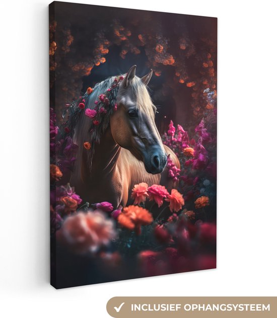 Canvas Schilderij Paard - Bloemen - Paars - Oranje - Dieren - 80x120 cm - Wanddecoratie