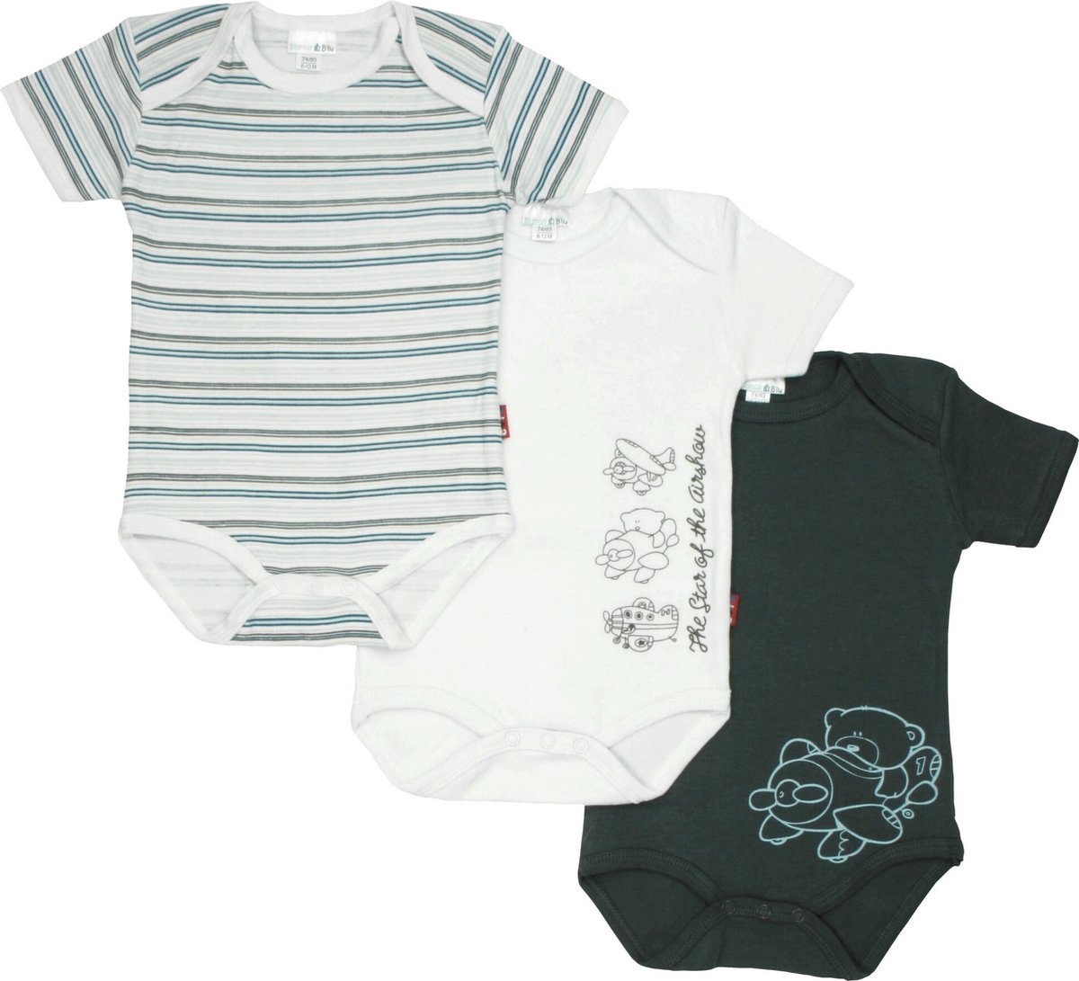 Bianco Blu Ökotex - Baby Romper - per 3 stuks - Grijs/Wit - Maten: 62/68