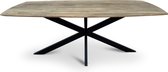 Floor vergadertafel van 200 x 100 cm met gecurved Mango houten blad met facetrand aan onderzijde. Bladkleur naturel gezandstraald. Onderstel is een spinpoot in de kleur zwart.