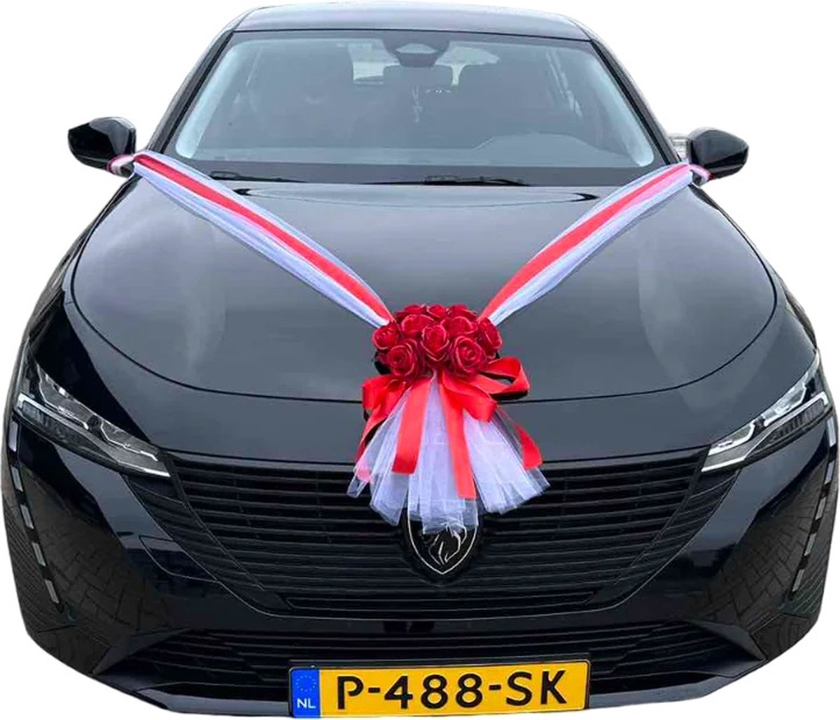 AUTODECO.NL - ALMA ROOD Luxe trouwauto decoratie - bruiloft auto versiering - huwelijks autodecoratie op de motorkap - trouw autodecoratie - moderne handgemaakte autodecoratie