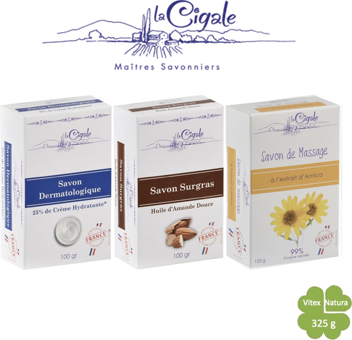 Goedkoopste La Cigale Verzorgingsset | dermatologische zeep 100g | supervette zoete amandeloliezeep 100g | arnica massagezeep 125g