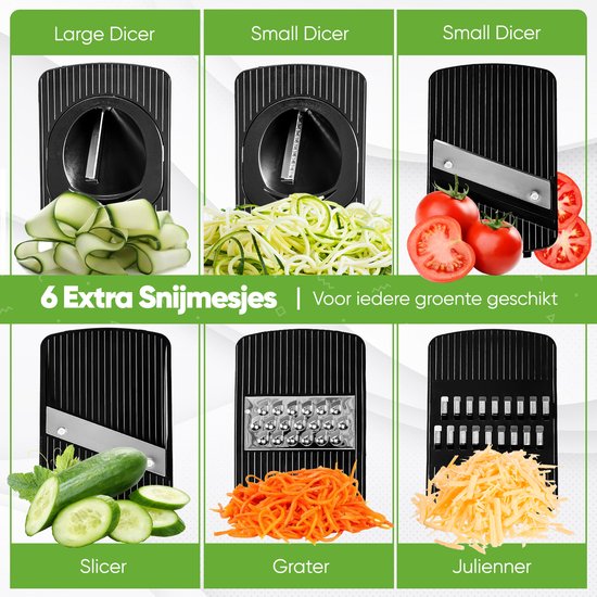 Zes extra snijmessen voor de mandoline: Large Dicer, Small Dicer, Slicer, Grater en Julienner. Met voorbeelden van gesneden groenten.