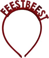 Diadeem Met Tekst ''Feestbeest'' - Rood - Metaal - One Size - Fout Feestje - Verjaardag - Glitters - Feesten - Festival