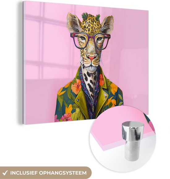 MuchoWow® Glasschilderij 80x60 cm - Schilderij acrylglas - Dieren - Giraffe - Bril - Bloemen - Foto op glas - Schilderijen