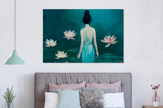 Aluminium schilderij 150x100 cm - Wanddecoratie metaal - Vrouw - Portret - Water - Bloemen - Lelie - Metalen muurdecoratie woonkamer - Decoratie industrieel - Foto op dibond - Industriële accessoires slaapkamer