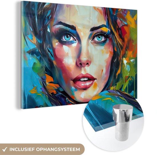 MuchoWow® Peinture sur verre 120x80 cm - Peinture sur verre acrylique - Visage - Femme - Peinture à l'huile - Coloré - Art - Photo sur verre - Peintures