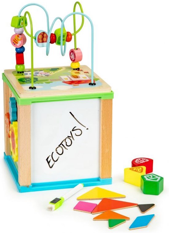 Ecotoys duurzame houten educatieve activiteiten kubus - Met bord om te schrijven - Educatief speelgoed - Montessori speelgoed - 18 x 18 x 33 cm van Ecotoys — afbeelding 5