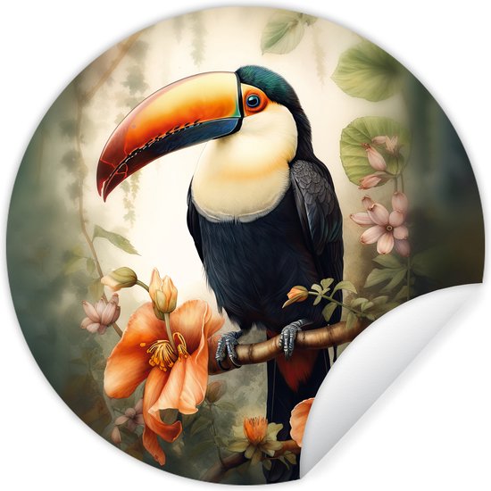 Foto: Wallcircle muurstickers behangcirkel toekan vogel bloemen planten 50x50 cm muurcirkel zelfklevend ronde behangsticker