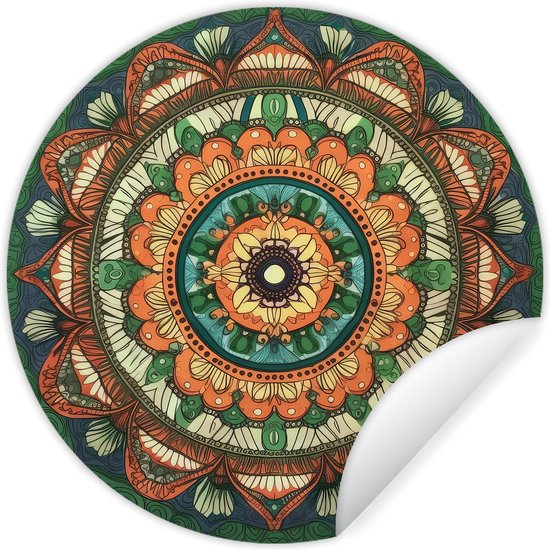 WallCircle - Muurstickers - Behangcirkel - Mandala - Hippie - Bloemen - Oranje - 50x50 cm - Muurcirkel - Zelfklevend - Ronde Behangsticker