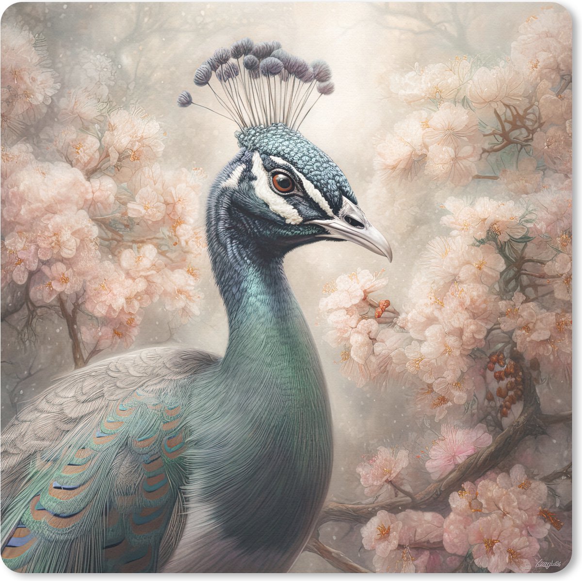Muismat 30x30 cm - Mousepad Pauw - Vogels - Bloemen - Boom - Botanisch - Muismatten