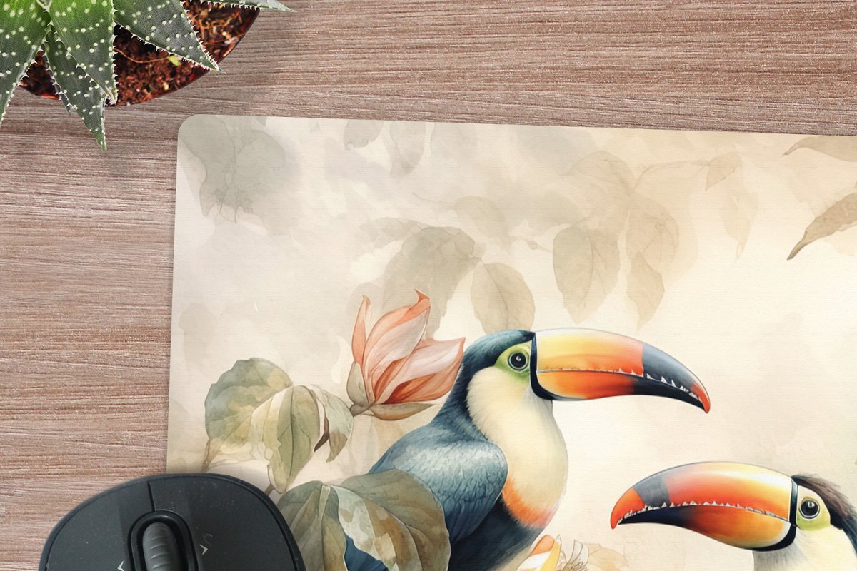 Muismat XXL 80x80 cm - Bureau onderlegger - Bureau mat Toekan - Vogels - Bloemen - Tak - Bureaumat - Gaming mousepad xl - Bureaulegger groot - Computer deskmat