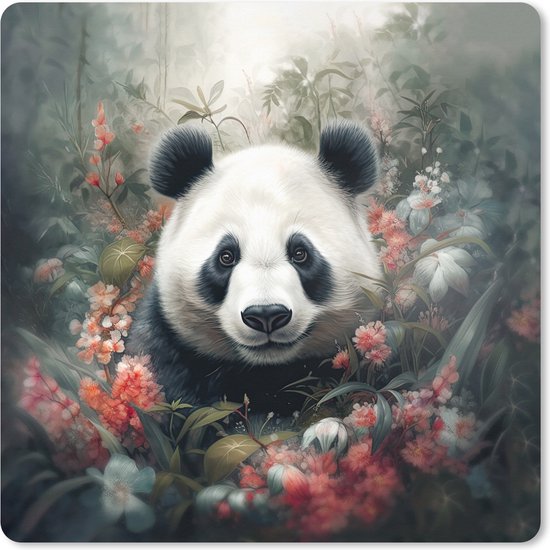 Tapis de souris XXL - Sous-main - Sous-main - Panda - Animaux sauvages - Fleurs - Nature - 50x50 cm - Tapis de souris XXL