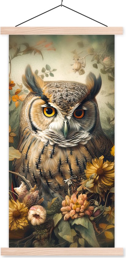 Posterhanger incl. Poster - Schoolplaat - Uil - Vogels - Bloemen - Natuur - 60x120 cm - Blanke latten