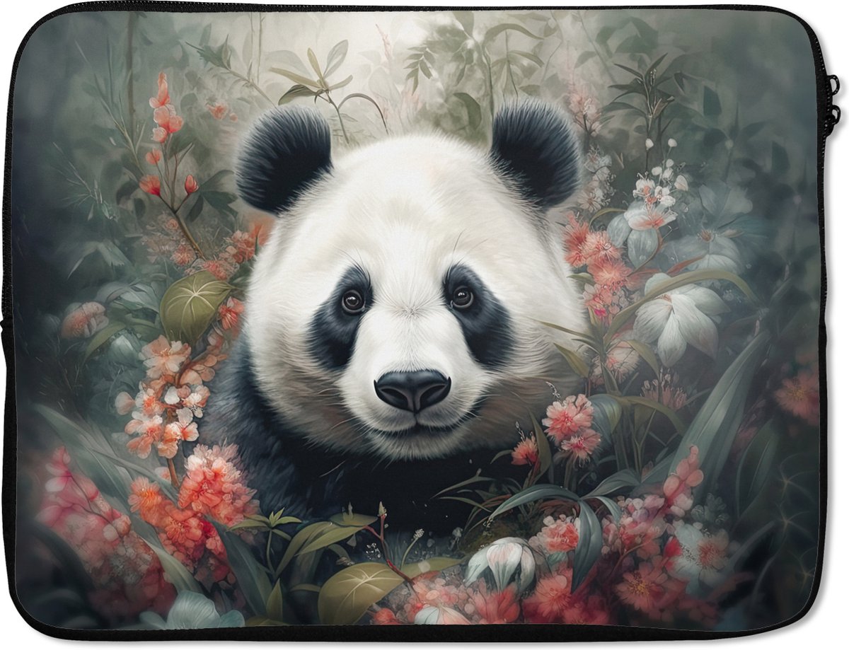 Laptophoes 15.6 inch - Panda - Wilde dieren - Bloemen - Natuur - Laptop sleeve - Binnenmaat 37x26 cm - Zwarte achterkant