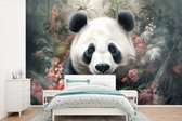 Behang - Fotobehang Panda - Wilde dieren - Bloemen - Natuur - Breedte 450 cm x hoogte 300 cm